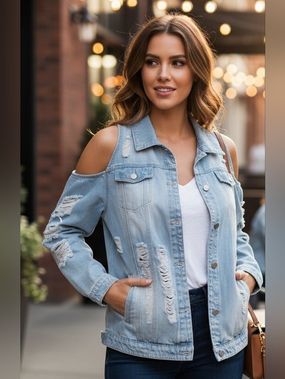 American Bazi Size 1XL Distressed Blue Denim Button Down With Shoulder Cut-Outs.